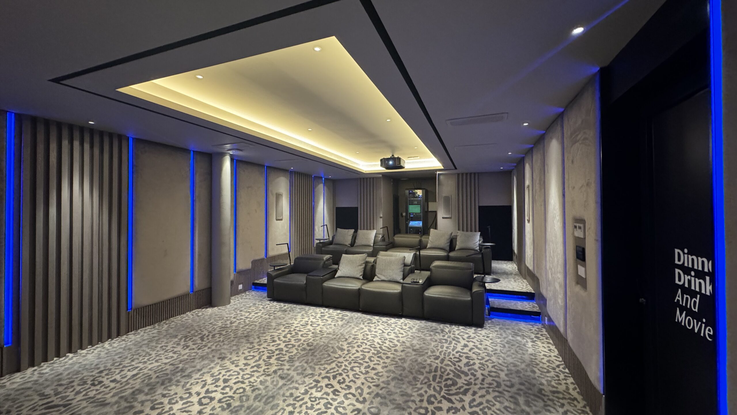Luxury private cinema in Desa ParkCity, Kuala Lumpur with tiered leather seating and blue accent lighting
