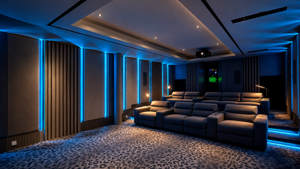 Dark modern private cinema with plush reclining seats, blue accent lighting, and acoustic wall panels